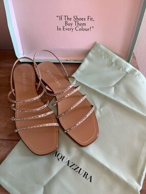 Aquazzura Tan Crystal-Strap Square Toe Flat Sandals